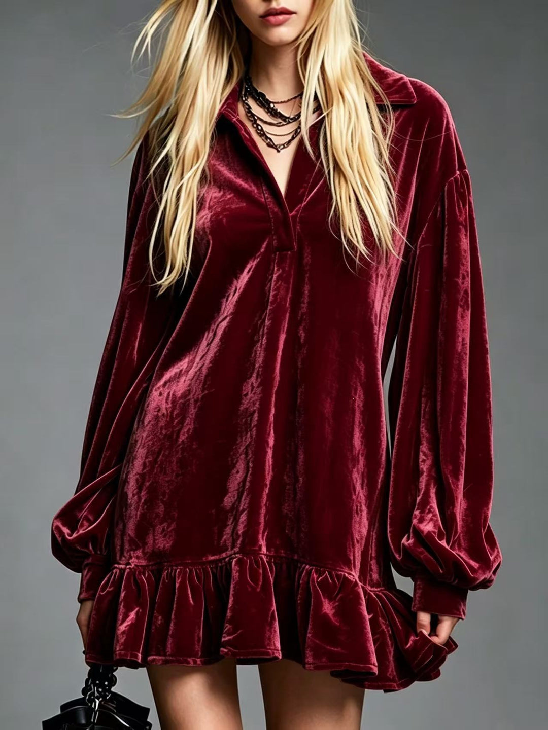 Damen Samt-Minikleid mit Volant-Saum, Ballonärmeln und Hemdkragen Drune