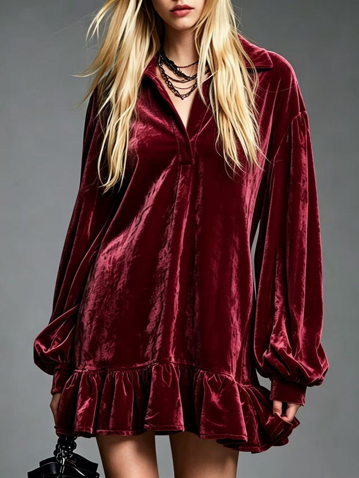 Damen Samt-Minikleid mit Volant-Saum, Ballonärmeln und Hemdkragen Drune