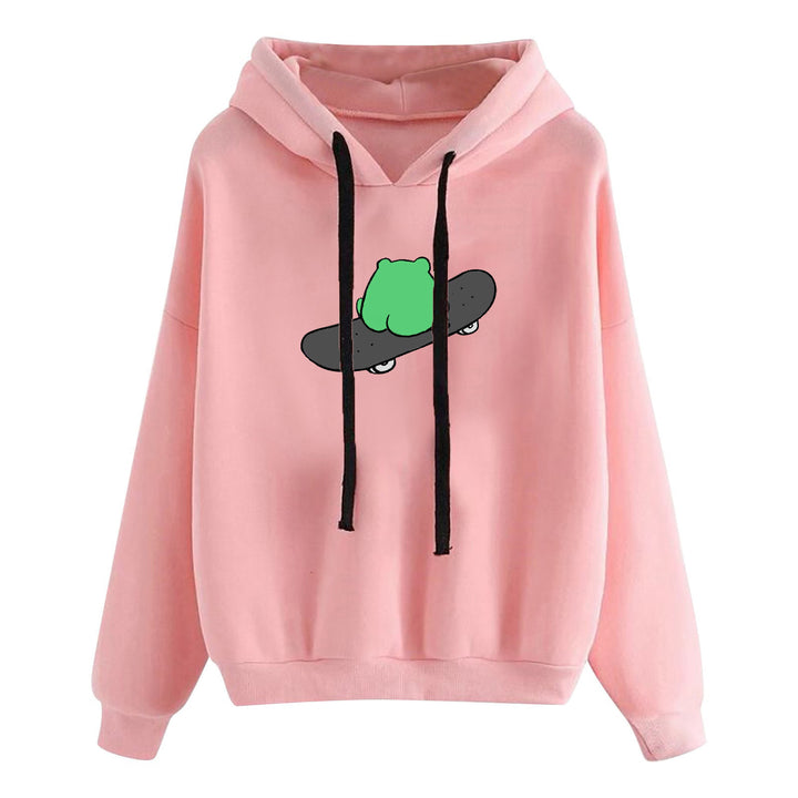 Damen nan kurz geschnittener Cropped-Kapuzenpullover mit niedlicher Frosch-Illustration und verstellbarer Kapuze Drune