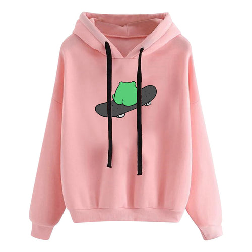 Damen nan kurz geschnittener Cropped-Kapuzenpullover mit niedlicher Frosch-Illustration und verstellbarer Kapuze Drune