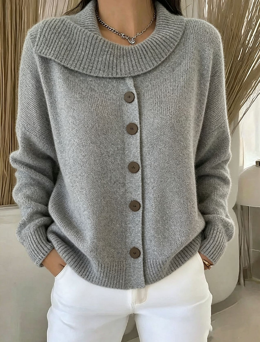 Damen Kuscheliger Knopf-Cardigan mit breitem Rollkragen und gerippten Bündchen Drune