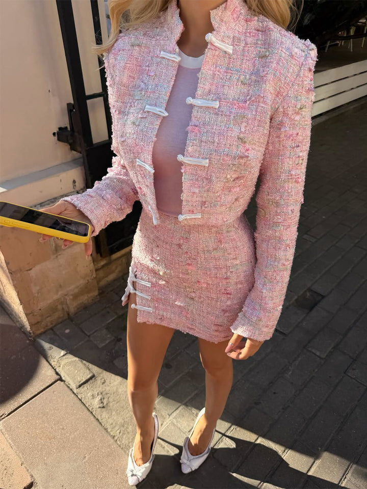 Damen Tweed-Zweiteiler Kurzjacke und Minirock im Bouclé-Stil Drune