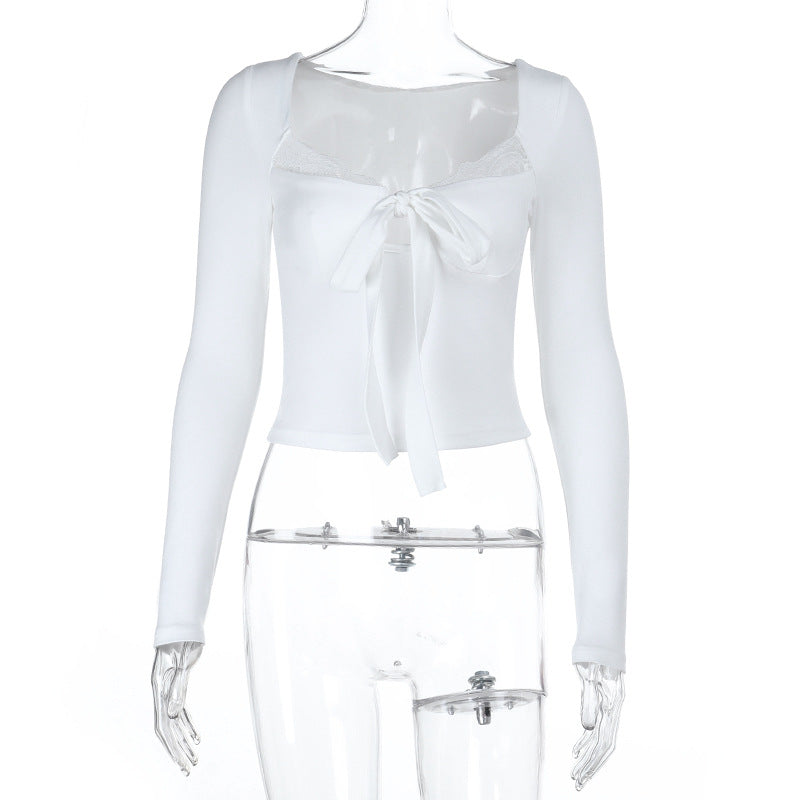 Damen Elegantes Langarm-Top mit femininem Schleifen-Detail und Spitzenbesatz Drune