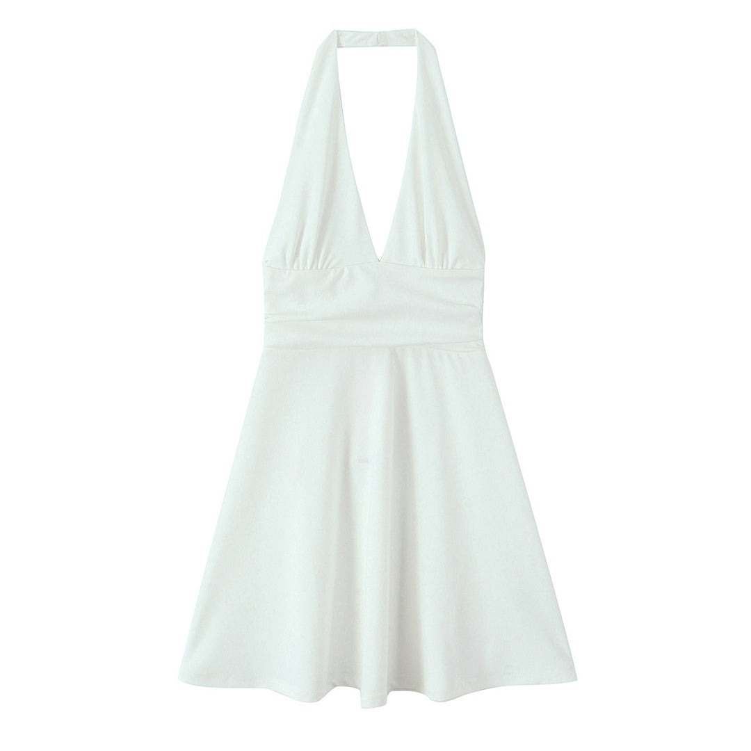 Damen Halterkleid mit tiefem V-Ausschnitt und fließendem Rock Drune