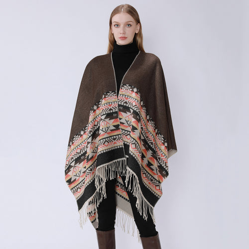 Damen V-Kragen-Überwurfponcho im Kimono-Fall mit Ethno-Bordüre und Fransensaum Drune