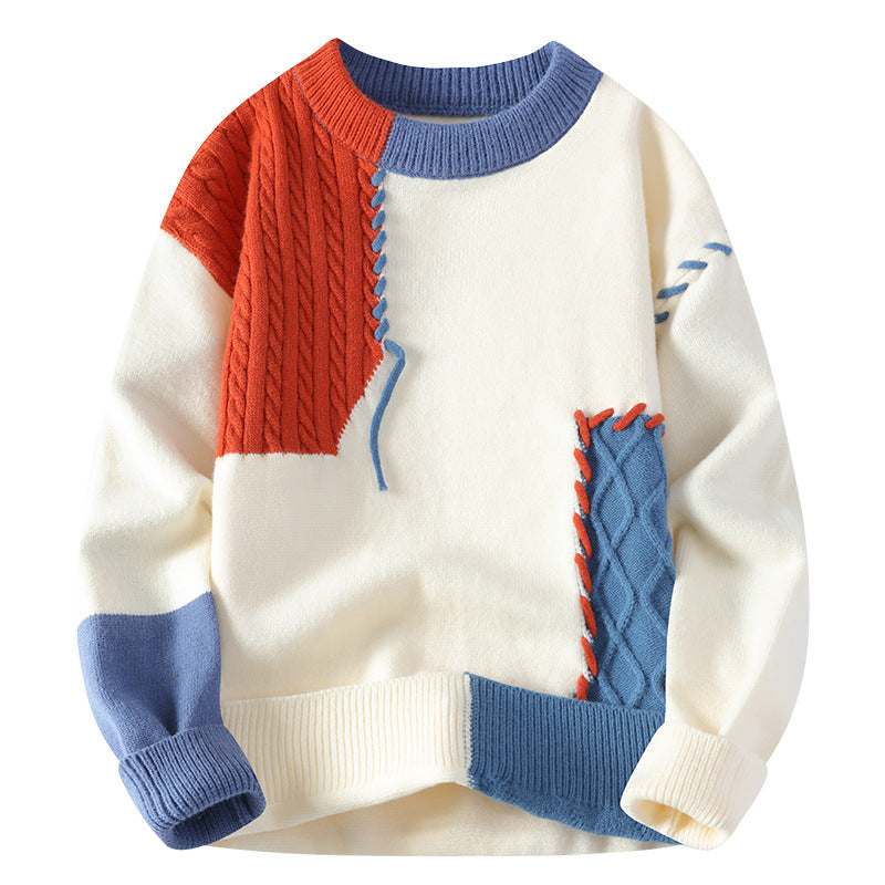 Unisex Patchwork-Strickpullover mit Zopfmuster-Applikationen und Rippabschlüssen Drune