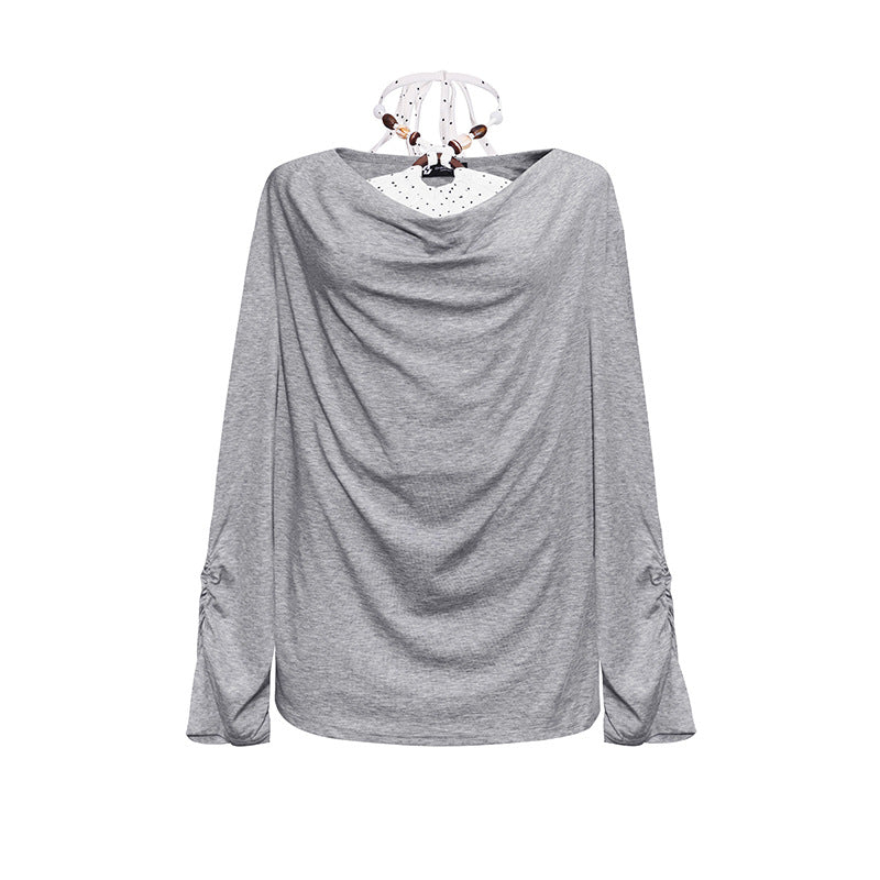 Damen Langes drapiertes Langarmshirt mit Wasserfallkragen und Raffung an den Ärmeln Drune