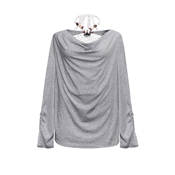Damen Langes drapiertes Langarmshirt mit Wasserfallkragen und Raffung an den Ärmeln Drune