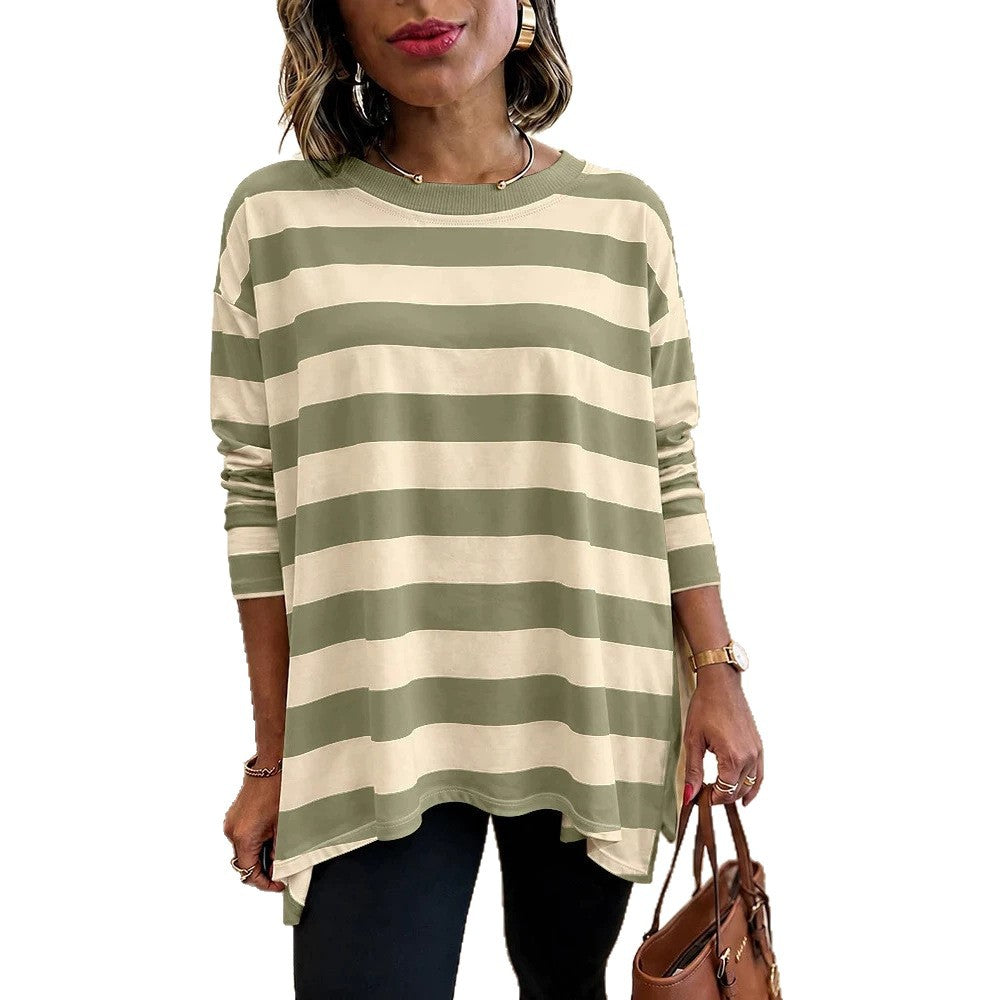 Damen Oversized Streifen-Longsleeve mit Rundhalsausschnitt und abgerundetem Saum Drune