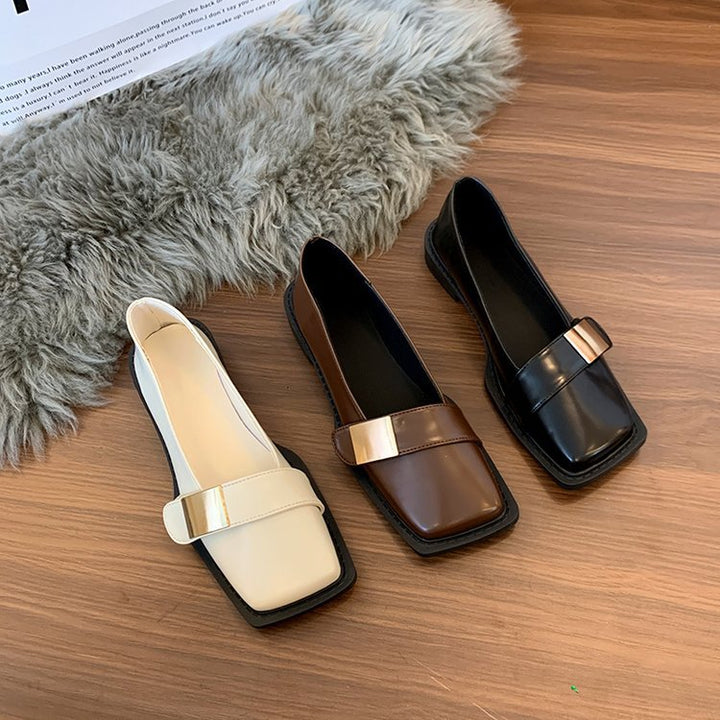 Damen Elegante Loafer mit quadratischer Zehenkappe und goldener Zierplatte Drune