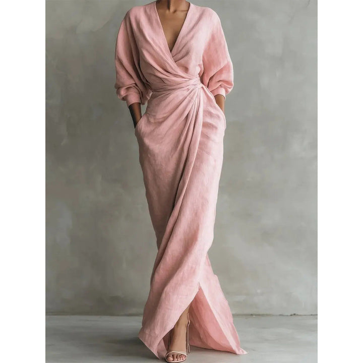 Damen Drapiertes Wickel-Maxikleid mit tiefem V-Ausschnitt, Taillen-Twist und Eingrifftaschen Drune