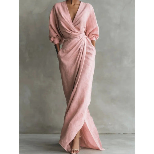 Damen Drapiertes Wickel-Maxikleid mit tiefem V-Ausschnitt, Taillen-Twist und Eingrifftaschen Drune