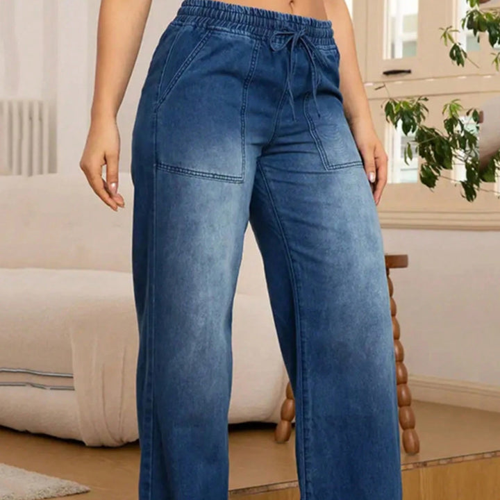 Damen Weite High-Waist-Jeans mit elastischem Bund und Kordelzug Drune