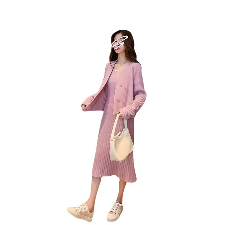 Damen kuscheliges Strickensemble mit V-Ausschnitt und modischem Knopfdetail Drune