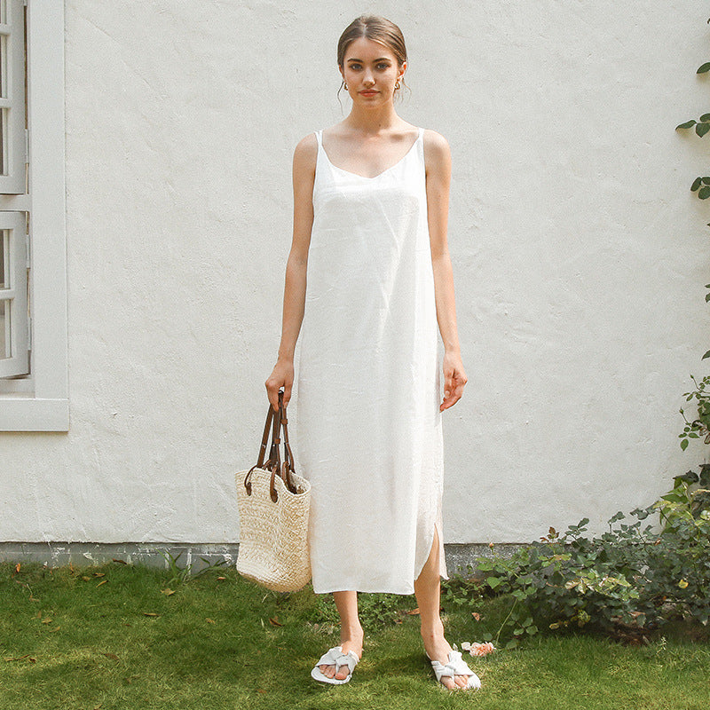 Damen elegantes Leinenkleid mit verstellbaren Spaghetti-Trägern und fließendem Schnitt Drune