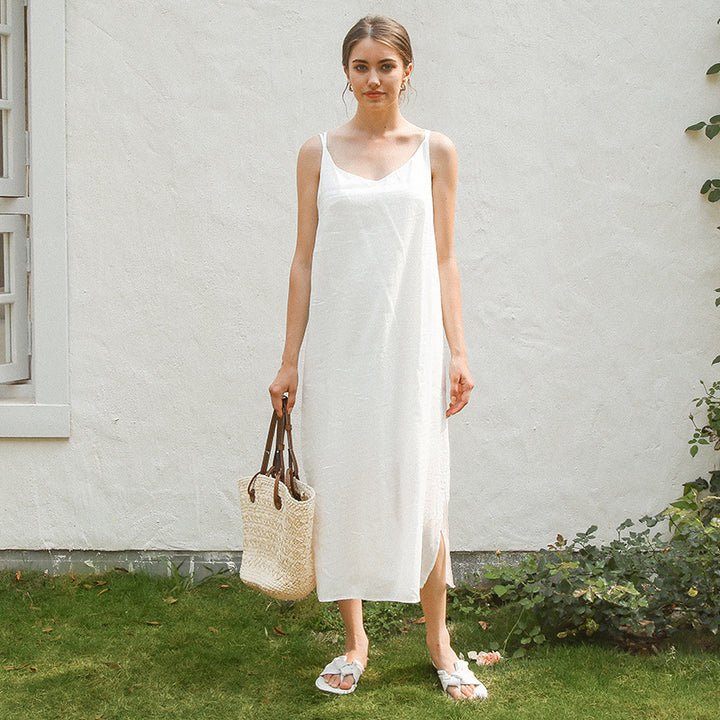 Damen elegantes Leinenkleid mit verstellbaren Spaghetti-Trägern und fließendem Schnitt Drune