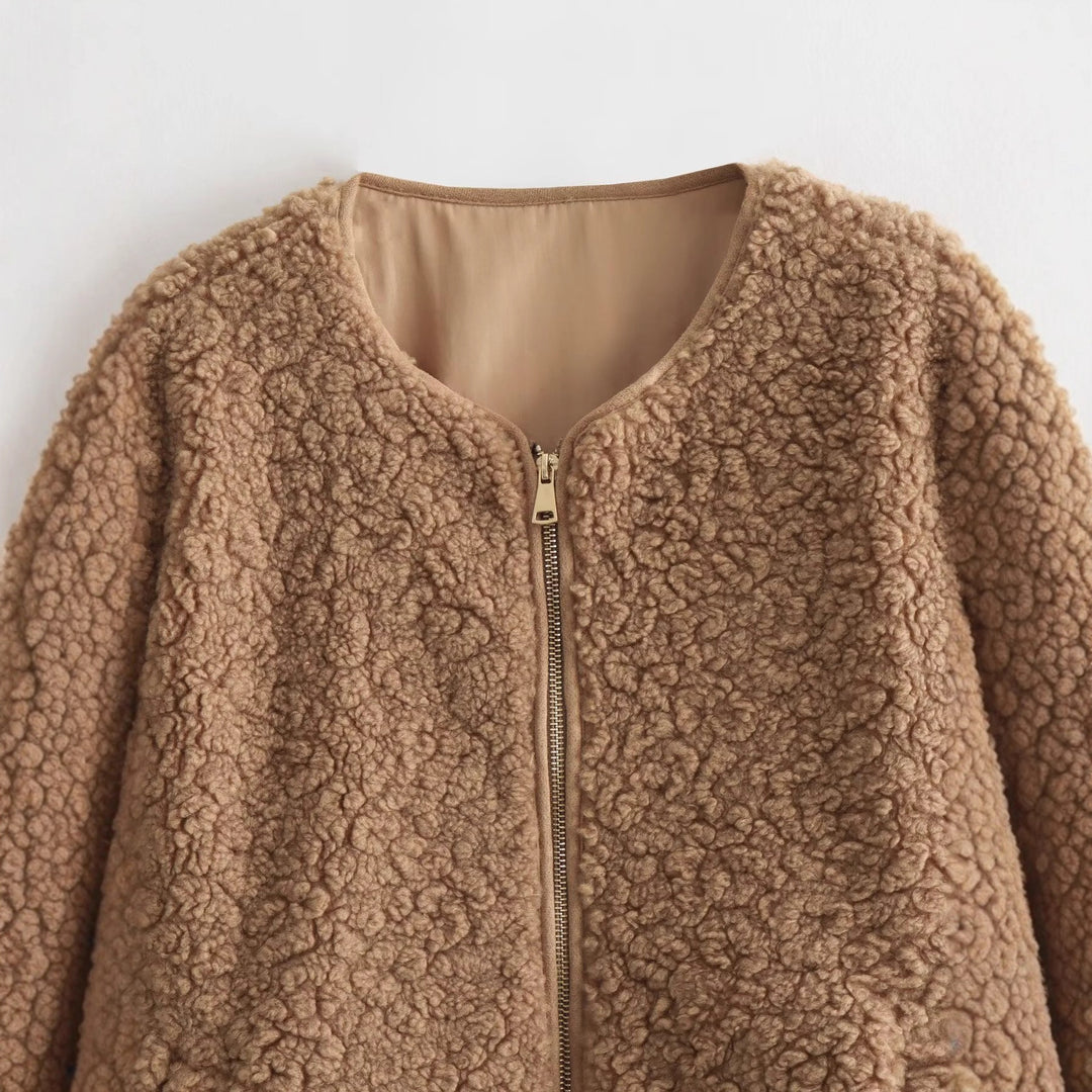 Damen kuschelige Teddyjacke mit Reißverschluss und praktischen Taschen Drune
