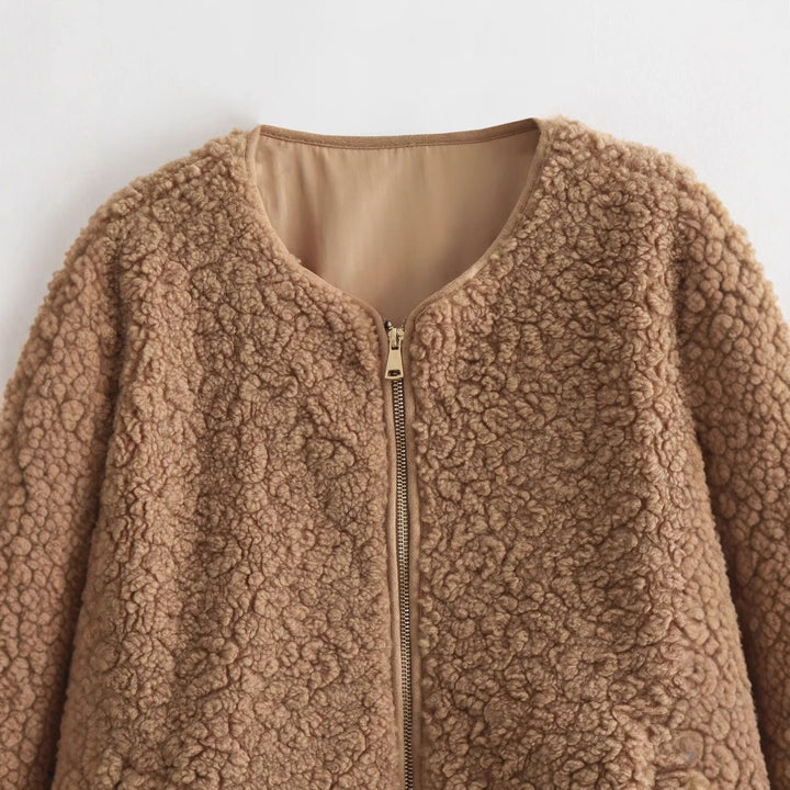 Damen kuschelige Teddyjacke mit Reißverschluss und praktischen Taschen Drune