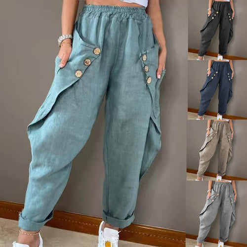 Damen lässige Sommerhose mit Knopfdetails und praktischen Seitentaschen Drune