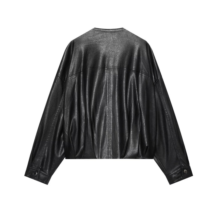 Damen Oversize Kunstleder-Blouson mit Rundhalsausschnitt, Reißverschluss und Eingrifftaschen Drune