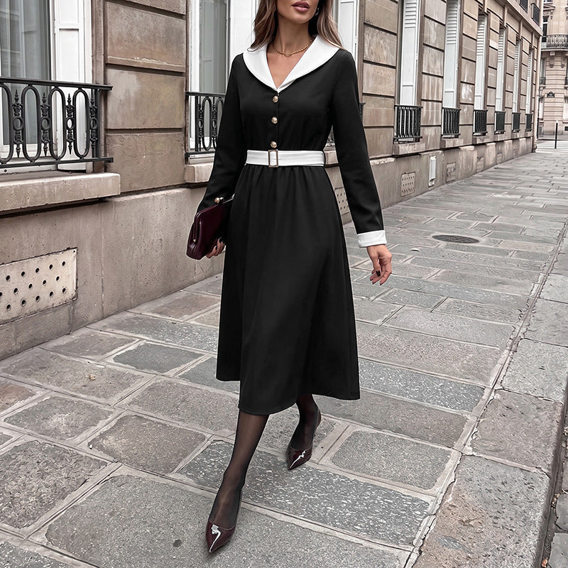 Damen Elegantes Midikleid mit Kragen und Gürtel Drune