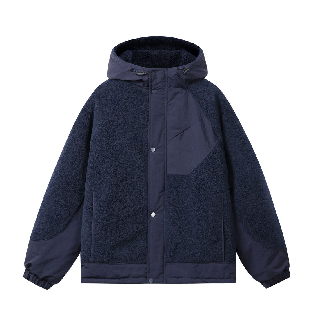 Unisex Boxy-Fleecejacke mit Kapuze und kontrastierenden Nylon-Einsätzen Drune