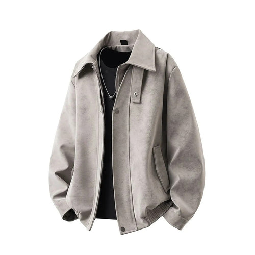 Herren Boxy-Übergangsjacke mit Velours‑Optik, verdecktem Reißverschluss & variablem Kragen Drune