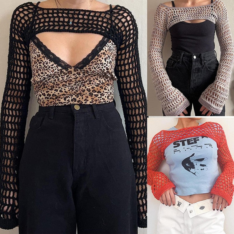 Damen gehäkeltes Langarm-Top mit Off-Shoulder-Design Drune