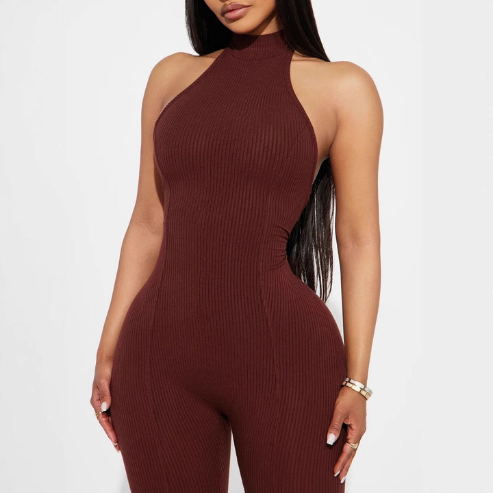 Damen figurbetonter Jumpsuit mit hohem Kragen und Rippstruktur Drune
