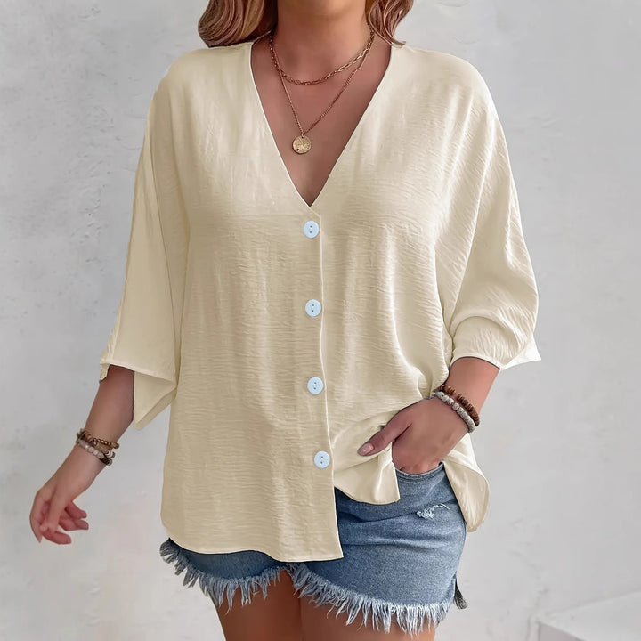 Damen Viskose Oversize-Bluse mit V-Ausschnitt und Knopfdetails Drune