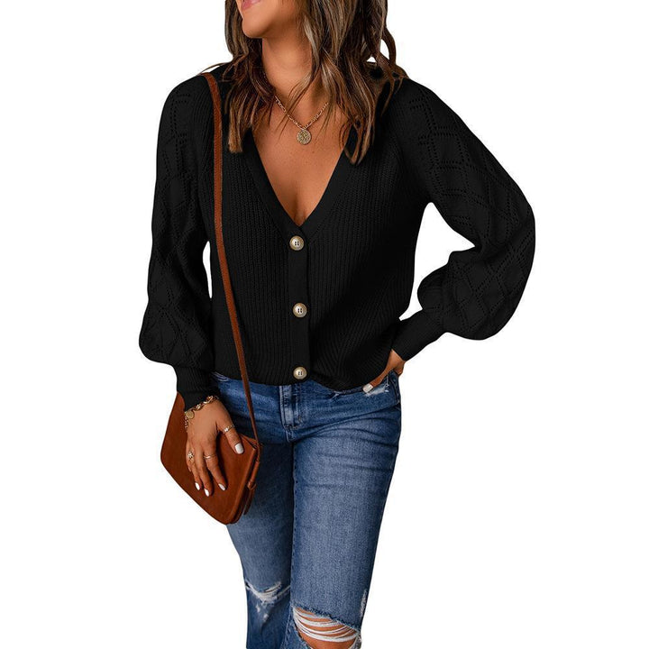 Damen Strickcardigan mit V-Ausschnitt, Zierknopfleiste und Ajourballonärmeln Drune