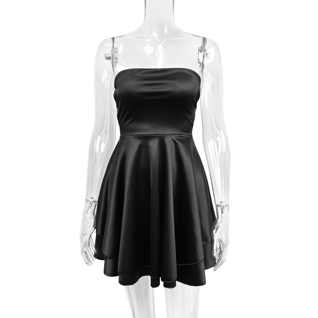 Damen Trägerloses Satin Minikleid mit fließendem Rock Drune