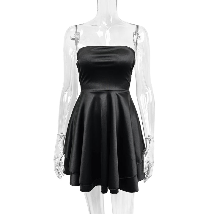 Damen Trägerloses Satin Minikleid mit fließendem Rock Drune
