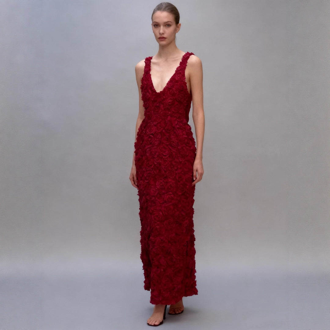 Damen Maxikleid mit opulentem Blumendesign und tiefem V-Ausschnitt Drune