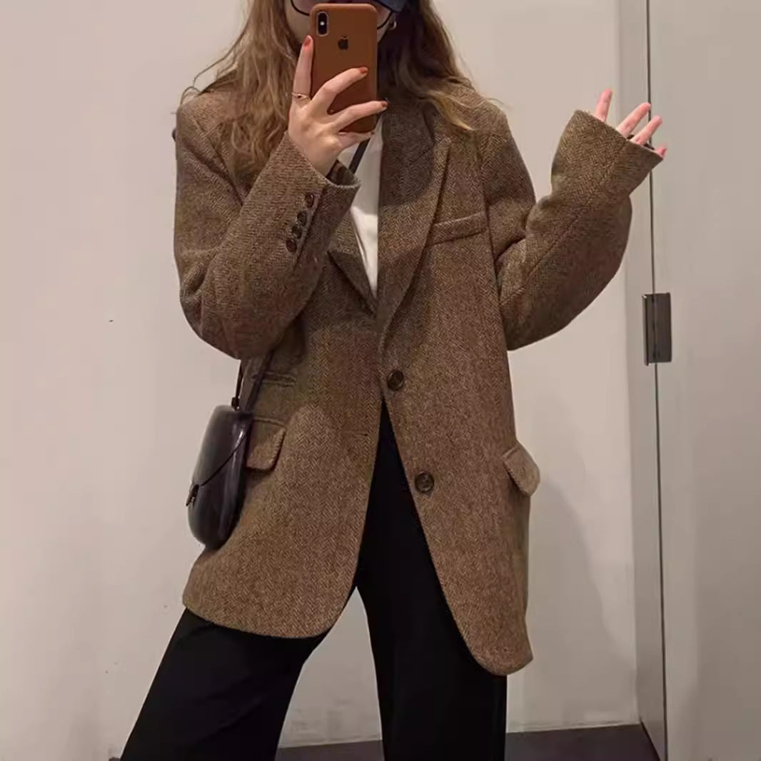 Damen Oversize-Blazer aus Wollmix mit Fischgrätstruktur, kastiger Silhouette & Pattentaschen Drune