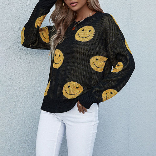 Damen lässiger Strickpullover mit Smiley‑Jacquard und Rundhalsausschnitt Drune