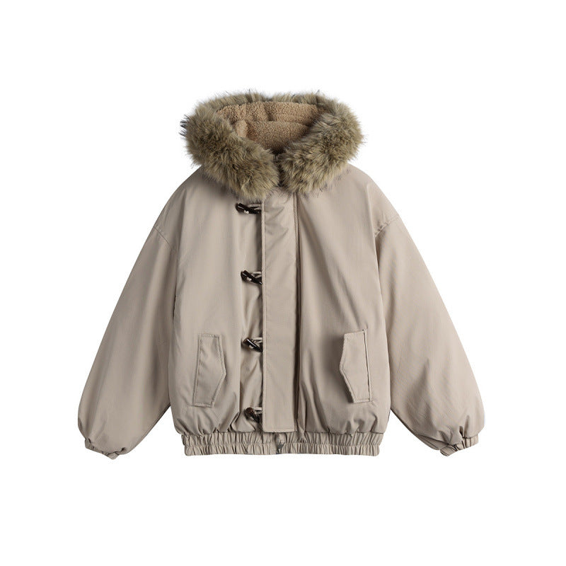 Unisex Gepolsterte Kapuzenjacke im Boxy‑Cut mit Teddyinnenfutter, Kunstfellkragen und Knebelverschlüssen Drune
