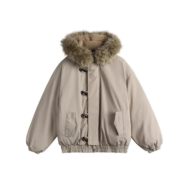 Unisex Gepolsterte Kapuzenjacke im Boxy‑Cut mit Teddyinnenfutter, Kunstfellkragen und Knebelverschlüssen Drune