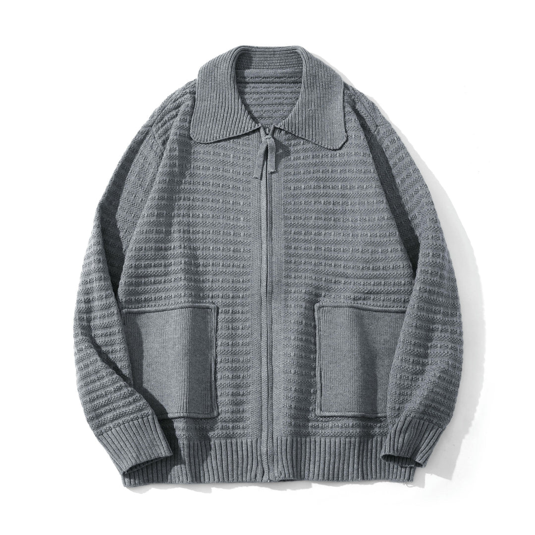 Unisex Strukturiertes Zip-Strickcardigan mit großem Reverskragen Drune
