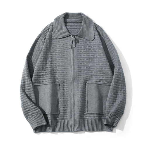 Unisex Strukturiertes Zip-Strickcardigan mit großem Reverskragen Drune
