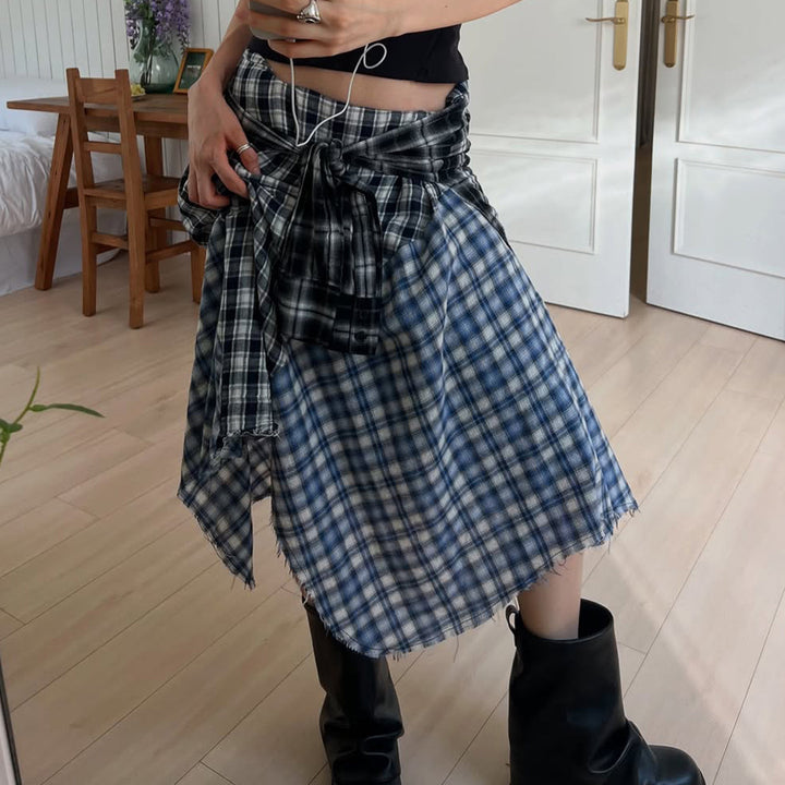 Damen Asymmetrischer Midirock im Karo-Patchwork mit Bundschärpe Drune