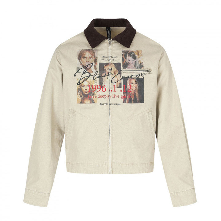 Herren Kurz geschnittene Canvas-Bomberjacke mit Cordkragen und großflächigem Fotocollage‑Print Drune
