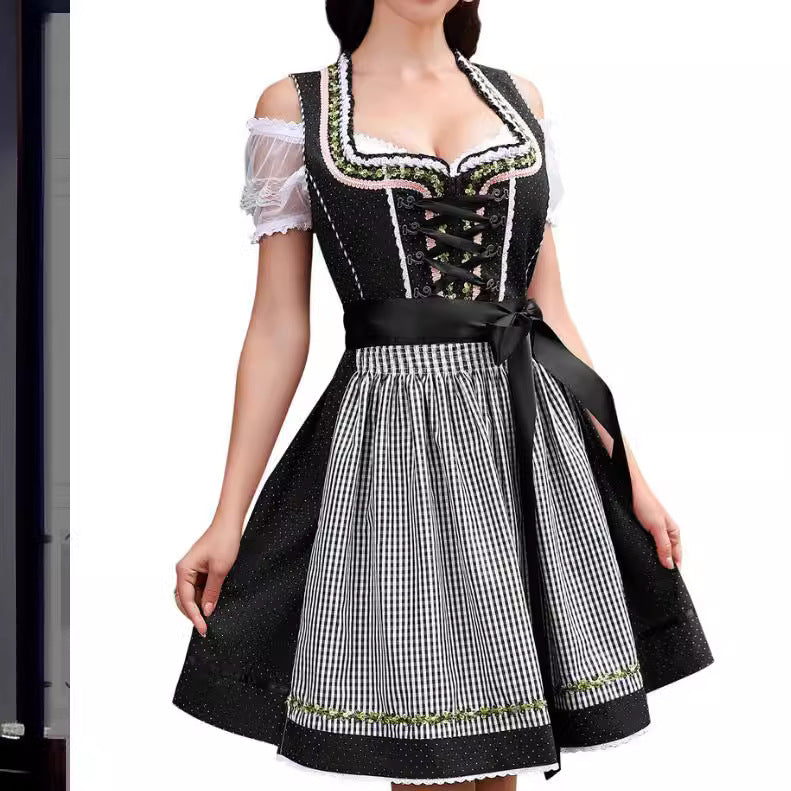 Damen  traditionelles Dirndlkleid mit Spitzenärmeln Miederkorsage und geraffter Schürze Drune