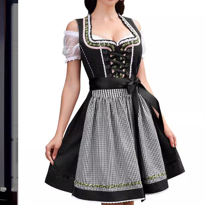 Damen  traditionelles Dirndlkleid mit Spitzenärmeln Miederkorsage und geraffter Schürze Drune
