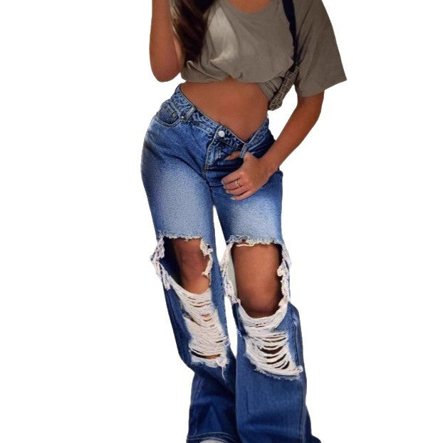Damen extraweite Destroyed-Denim-Jeans mit großen Knieausbrennungen und hoher Taille Drune
