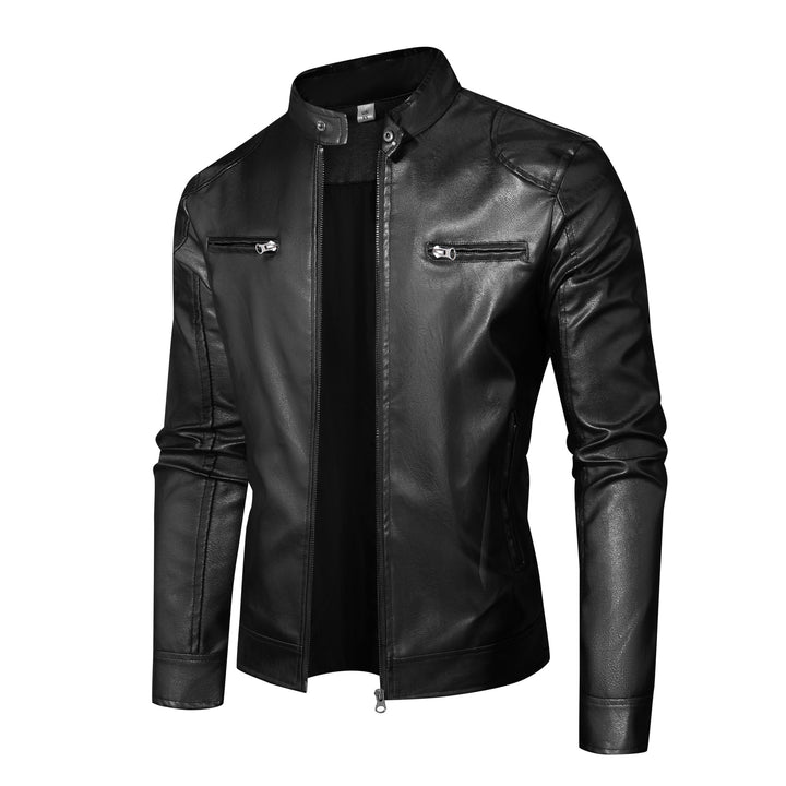 Herren Lederjacke im Bikerstil mit Stehkragen und Reißverschlusstaschen Drune