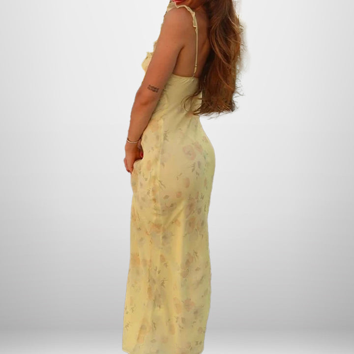 Damen Maxikleid mit zartem Blumenmuster und femininem Rüschendesign Drune