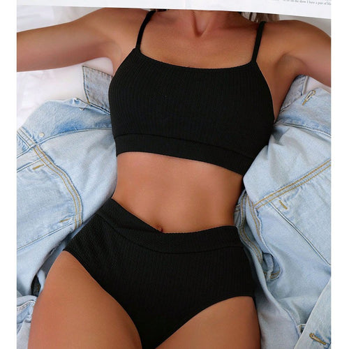 Damen High-Waist Bikini Set mit sportlichem Crop-Top und Rippstruktur Drune
