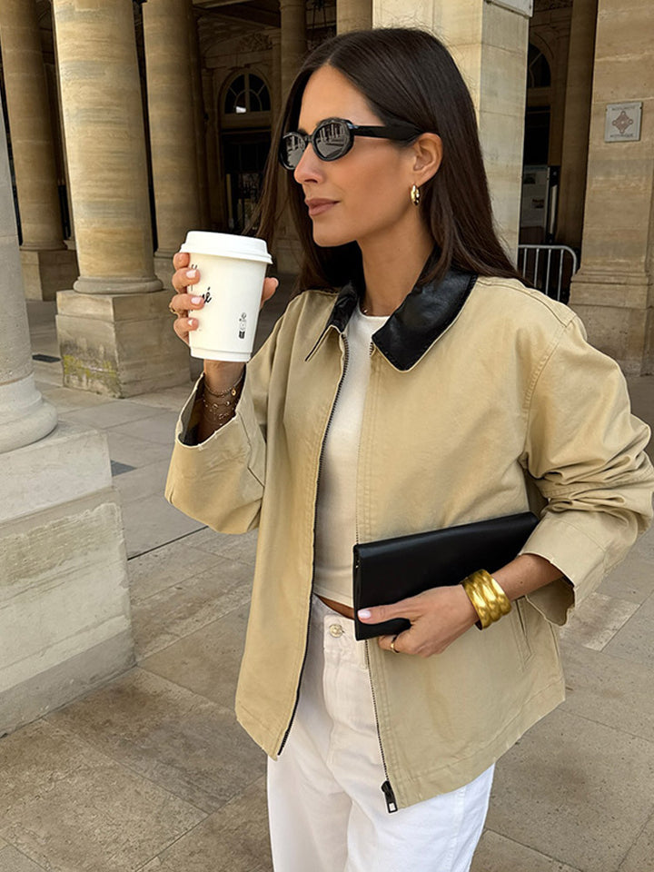 Damen Boxy-Übergangsjacke mit kontrastierendem Kragen und verdecktem Reißverschluss Drune