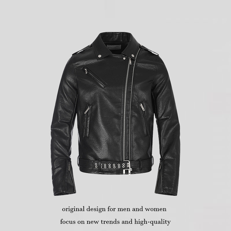 Herren taillierte Bikerjacke aus Kunstleder mit asymmetrischem Reißverschluss und Nieten-Taillengürtel Drune